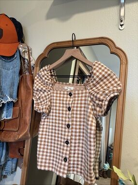 Madewell Tan and White Gingham Puff Sleeve Square Neck Top